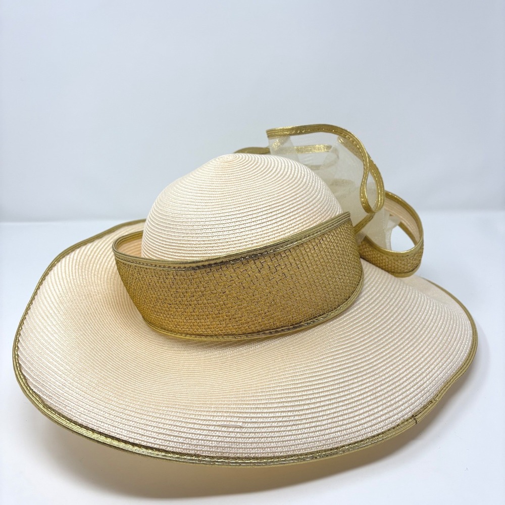 Kentucky Derby Church Hat Ivory Gold Wide Brim Wedding Mother Bride Made USA